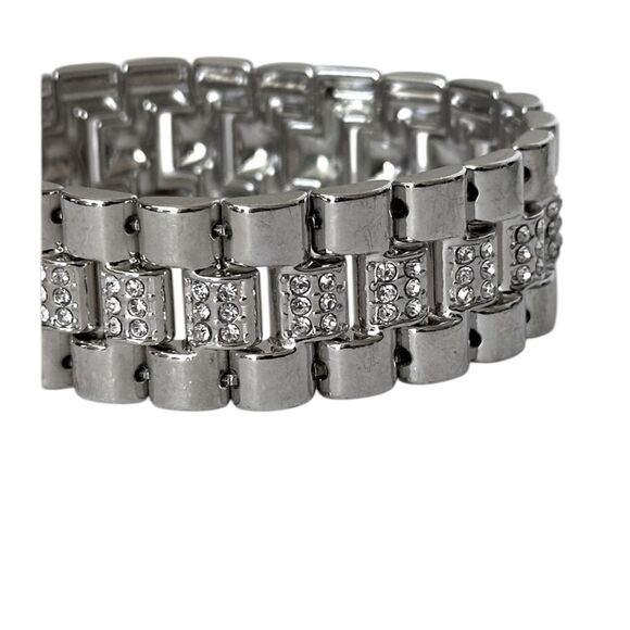 Silver-tone band stretch bracelet with CZ accents.  8.5” circumference - Picture 3 of 9